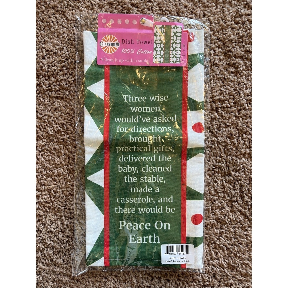 Drinks on Me Funny Novelty Holiday Christmas Cotton Dish Towel Hostess Gift NEW